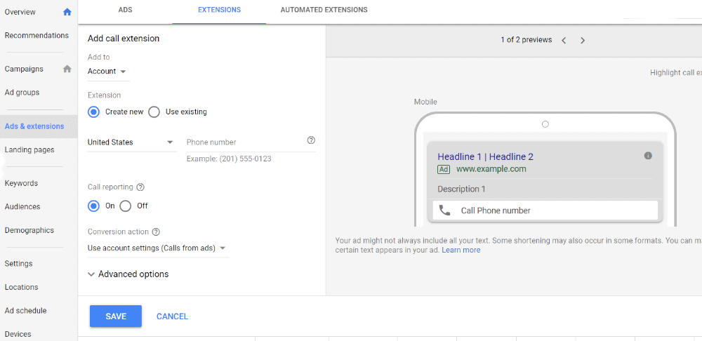 Google Ads Call Extensions Setup